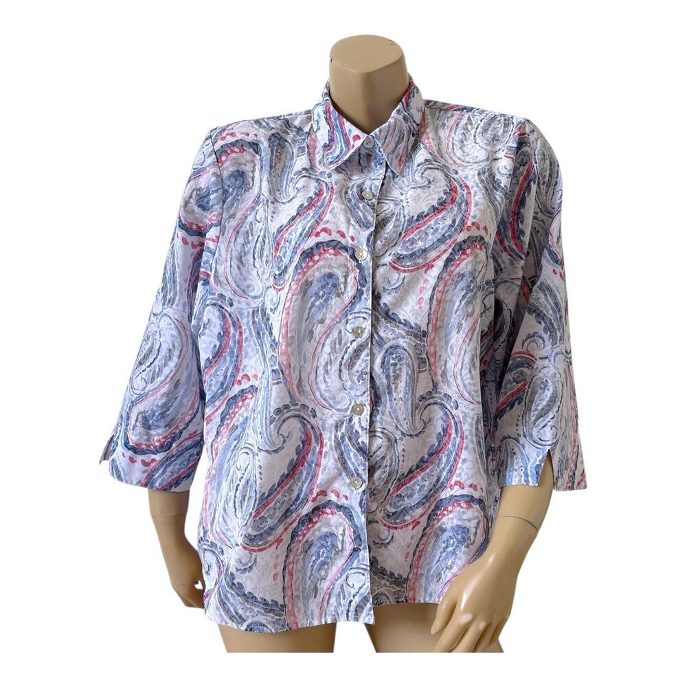 Alfred Dunner Top Womens Petite PXL Sheer Paisley Button Up Blouse 3/4 Sleeve